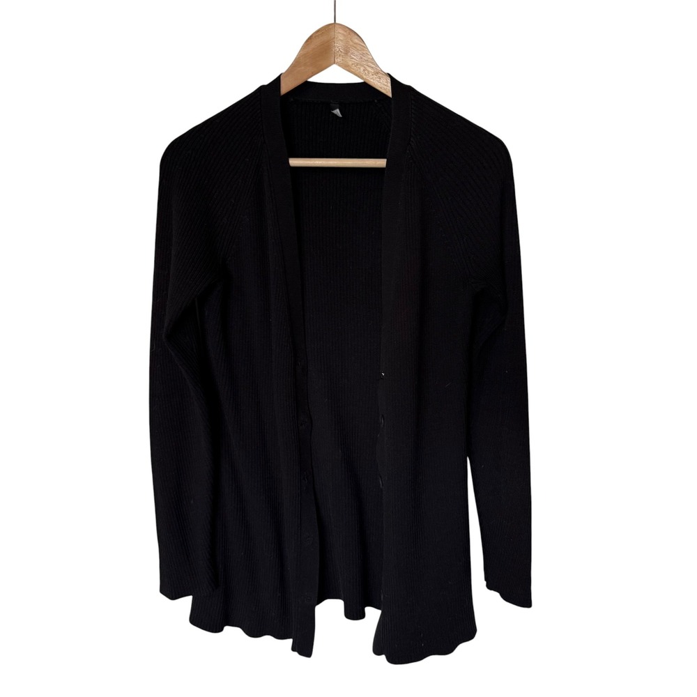 Tahari Ribbed Cardigan Women Small Black Good Hidden Snap Knit Sweater‎